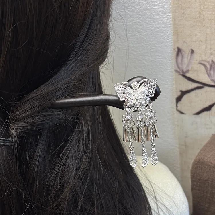 18厘米黑檀木发簪蝴蝶风铃簪子旗袍汉服国风手工木簪荷叶簪檀木簪