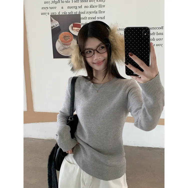 灰色圆领毛衣女内搭秋冬2025新款加绒加厚打底衫高级感长袖针织衫