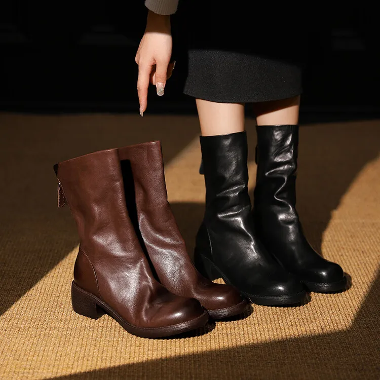 女靴粗跟黑色单靴时装靴高跟方头圆头瘦瘦靴女鞋弹力