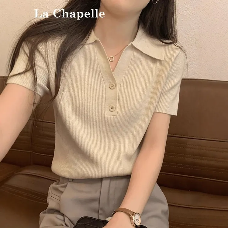 洋气polo领纽扣设计感短袖女装夏季新款独特别致修身针织针织上衣