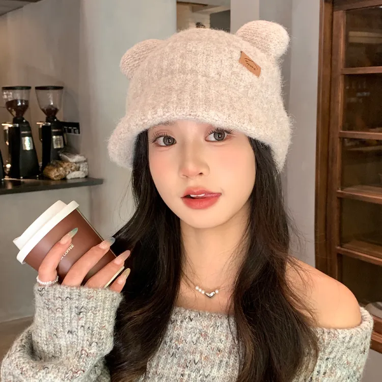 秋冬季帽子女款甜美可爱小熊耳朵针织毛线帽防风包头帽户外保暖帽