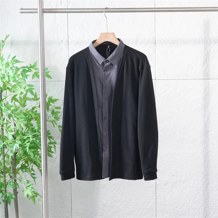 秋季男士假两件长袖开衫夹克时尚休闲百搭拼色翻领衬衫外套ZJ280