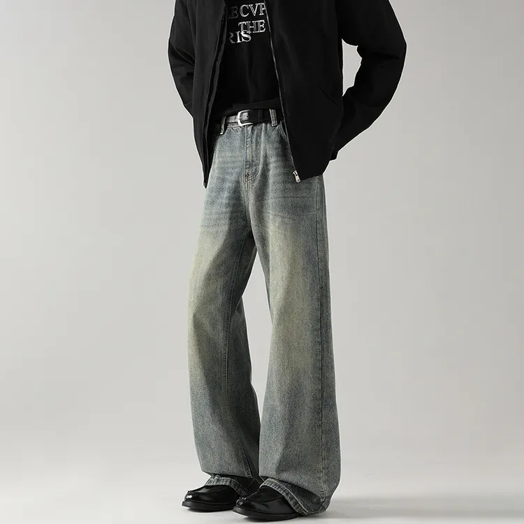 加绒加厚水洗猫须纹牛仔裤秋冬重磅男女同款cleanfit微喇长裤子男