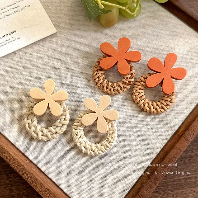 非金属木质耳饰 度假风花朵编藤圈圈耳环2025新款女耳钉精致耳饰