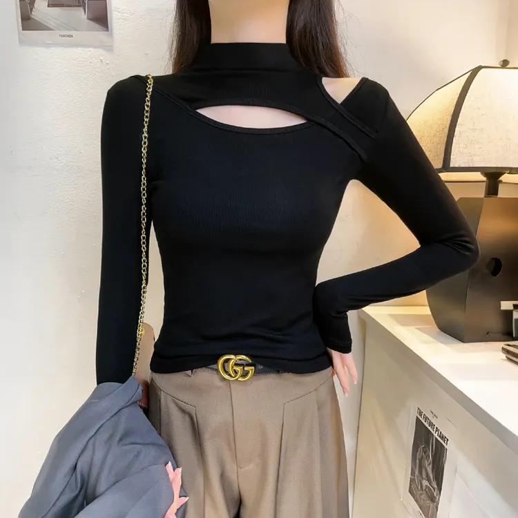 半高领黑色打底衫女2025新款春秋内搭镂空性感修身百搭高级感上衣