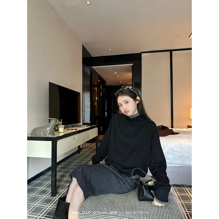 THEISSN宁司 假两件撞色半高领针织衫女秋季设计感上衣 01468