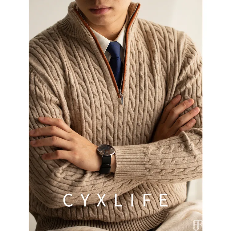 暖心好物~保暖提花半拉链羊毛衫男立领针织毛衣男冬季加厚款绞花