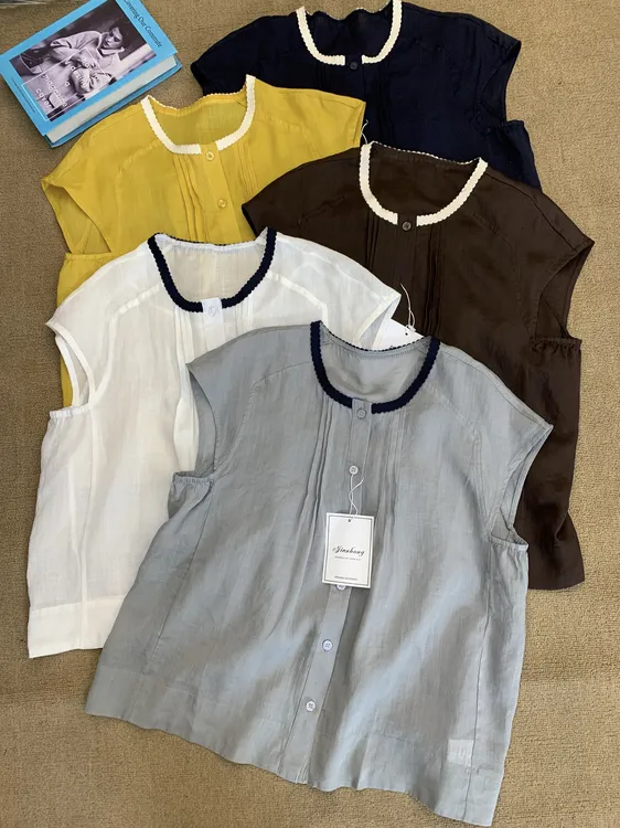 有运费补贴2025年夏季新款时尚拼色圆领短袖褶皱衬衫女上衣