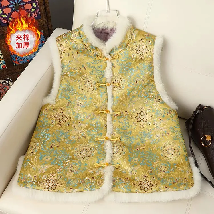 2025新中式国风复古盘扣立领织锦兔毛印花上衣女宽松加厚时尚马甲