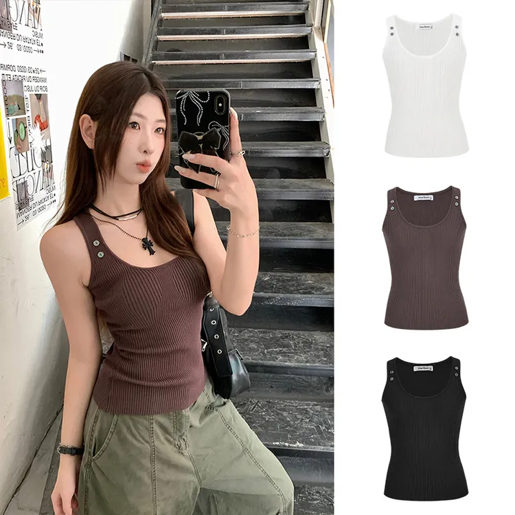 Moses Queen/魔西女王纯欲复古辣妹吊带背心显瘦U领针织无袖上衣