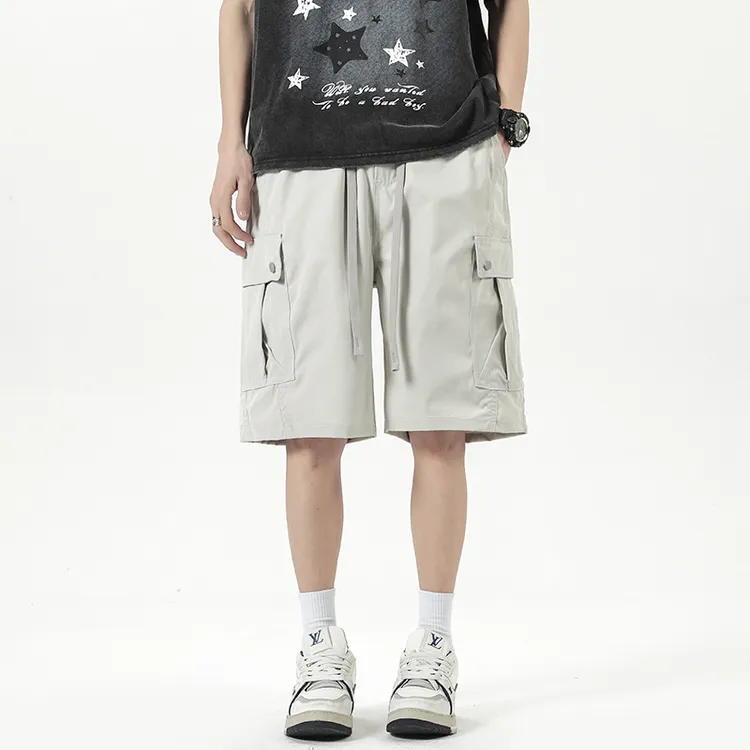 新款休闲裤男士宽松直筒港风薄款凉感纯色拼接口袋工装裤短裤夏季
