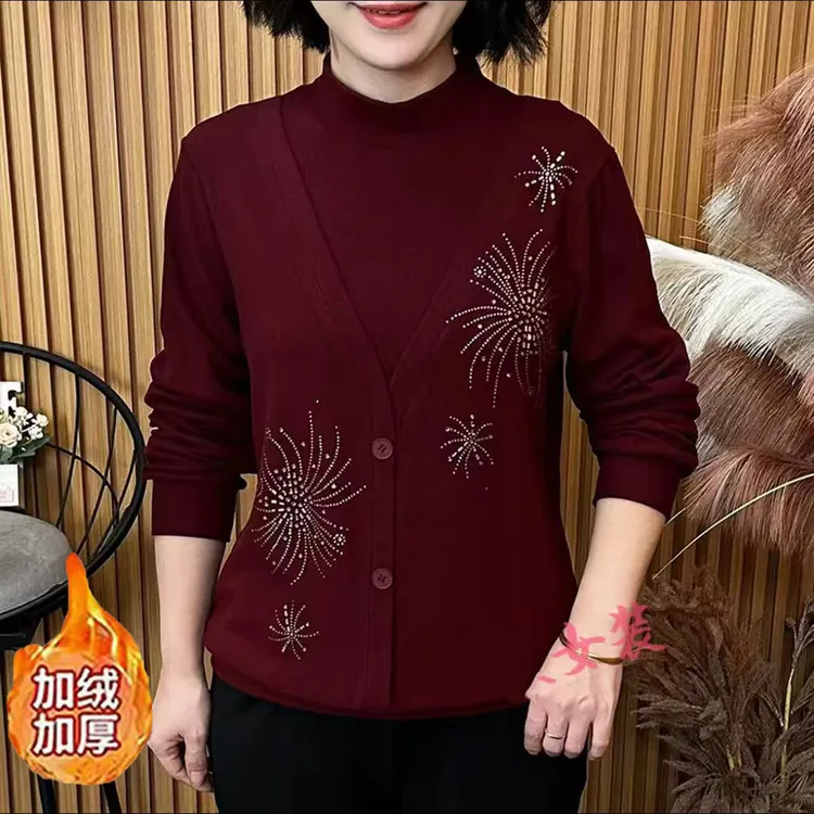 【加绒加厚】女装冬季假两件烫钻宽松显瘦百搭洋气妈妈装长袖上衣