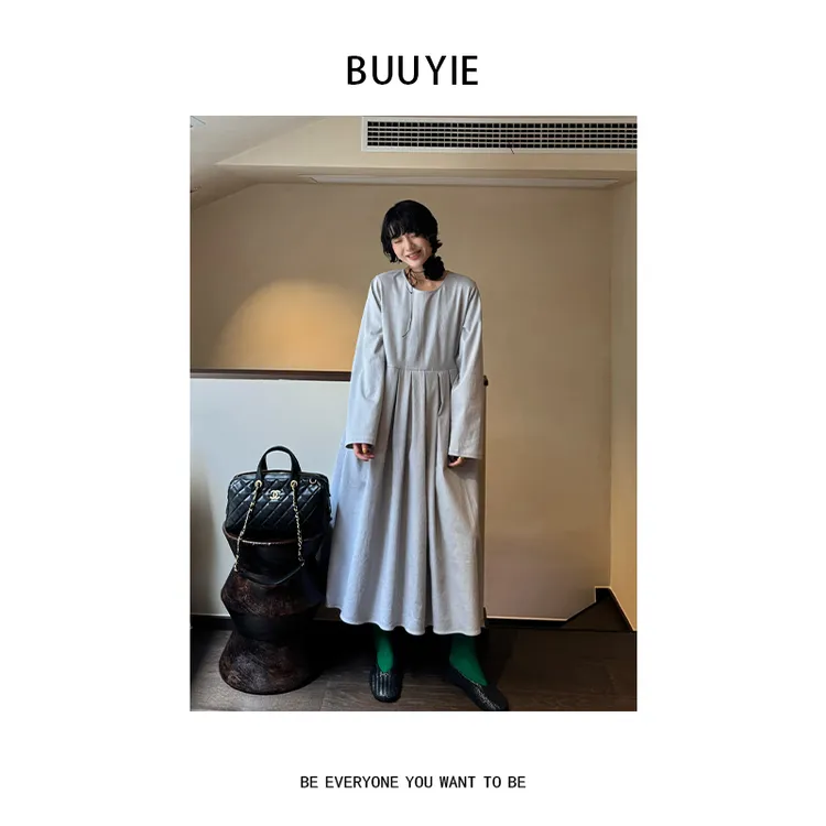 BUUYIE 25SS【雅年】高级感新款圆领灰白条连衣裙 250772