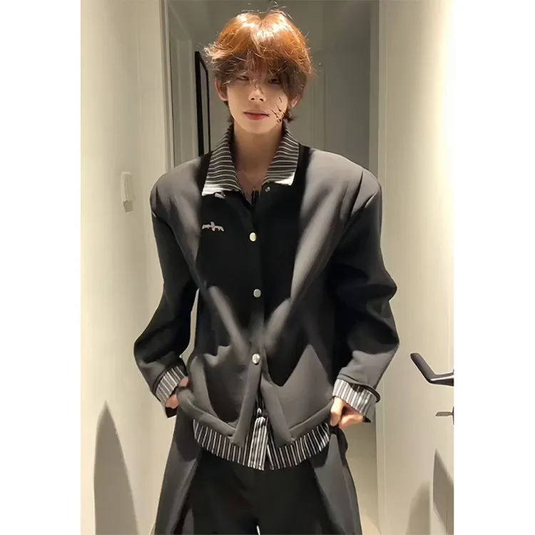 灰色假两件外套男条纹拼接衬衫卫衣痞帅高级感一整套ootd穿搭套装