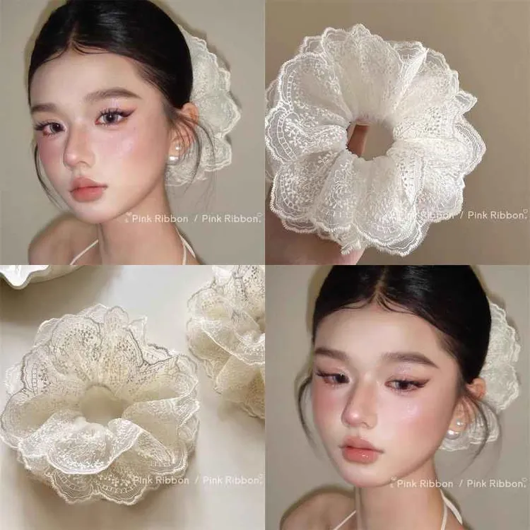 春夏新款甜美蕾丝芭蕾少女法式花边大肠发圈白色千金感百搭气质女