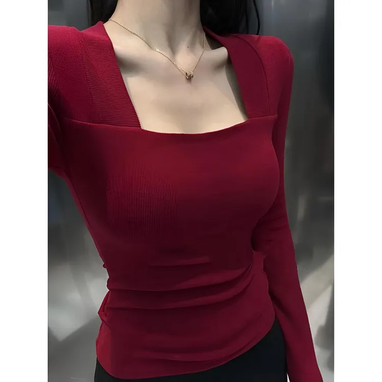 安可拉红方领秋冬显瘦打底衫女款爆款2025新款秋冬内搭打底