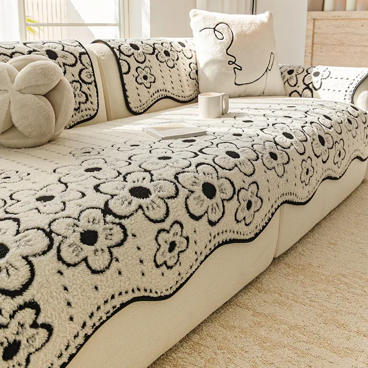 LANSWE/浪莎异形绒花秋冬季毛绒沙发垫高级感异形坐垫防滑盖布