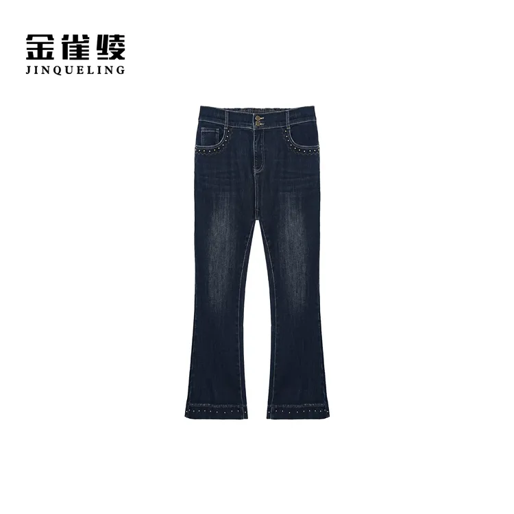 金雀绫【花青微喇】法式时尚织绒加宽加大微喇牛仔裤SZAK4KSY150