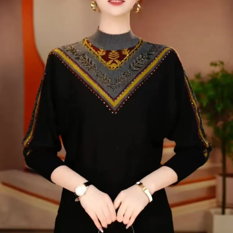 法式半高领烫钻提花撞色毛衣秋冬显瘦通勤百搭时尚轻熟风针织衫女