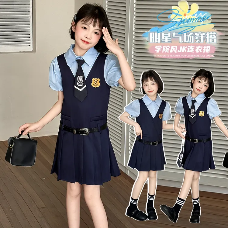 女童连衣裙学院夏季中大童学院风儿童英伦小学生JK领带学院风裙子