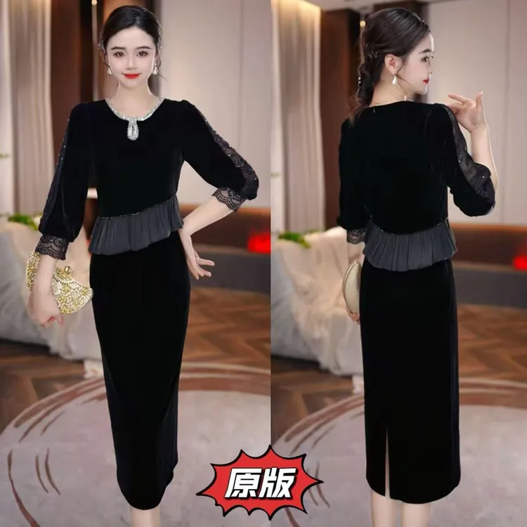 【月影丝绒】高档卡丹绒时尚连衣裙2025秋季新款洋气轻奢减龄礼服裙