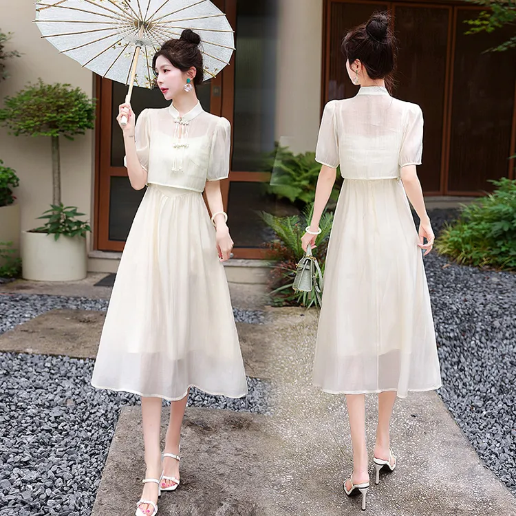 法式复古改良旗袍套装女夏季新中式国风微胖显瘦吊带连衣裙两件套