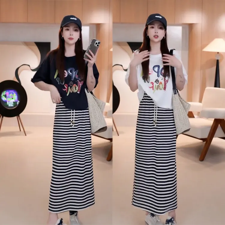 夏季绝美松弛感韩版宽松印花短袖上衣高腰条纹半身裙显瘦两件套装