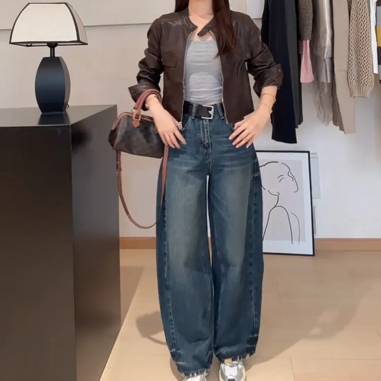 复古牛仔裤女遮胯阔腿裤秋季2025新款梨型身材高腰显瘦宽松弯刀裤