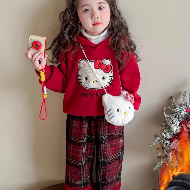 女童秋冬加绒套装女宝拜年服新款洋气宝宝加厚儿童卫衣格子两件套