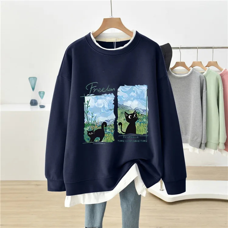 春秋季大码宽松薄款假两件圆领无帽卫衣女装设计感小众胖mm上衣服