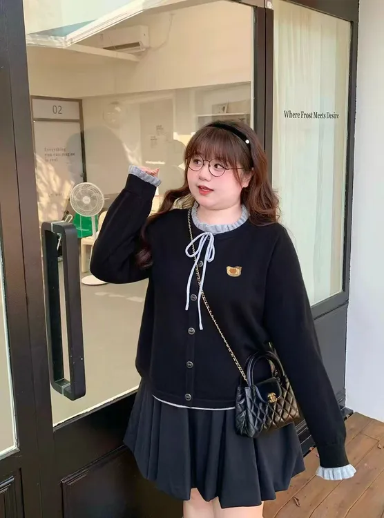 miu系蝴蝶结圆领假两件胖mm显瘦针织套头毛衣上衣女H858