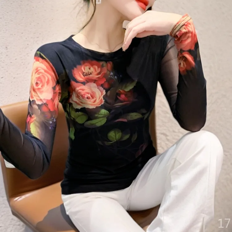 显瘦中国风网纱打底衫女款爆款2025新款洋气高贵上衣气质休闲修身