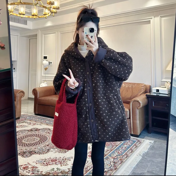 韩系爱心糕糕毛加厚外套～孕妇休闲宽松秋冬小众复古保暖宽松棉服