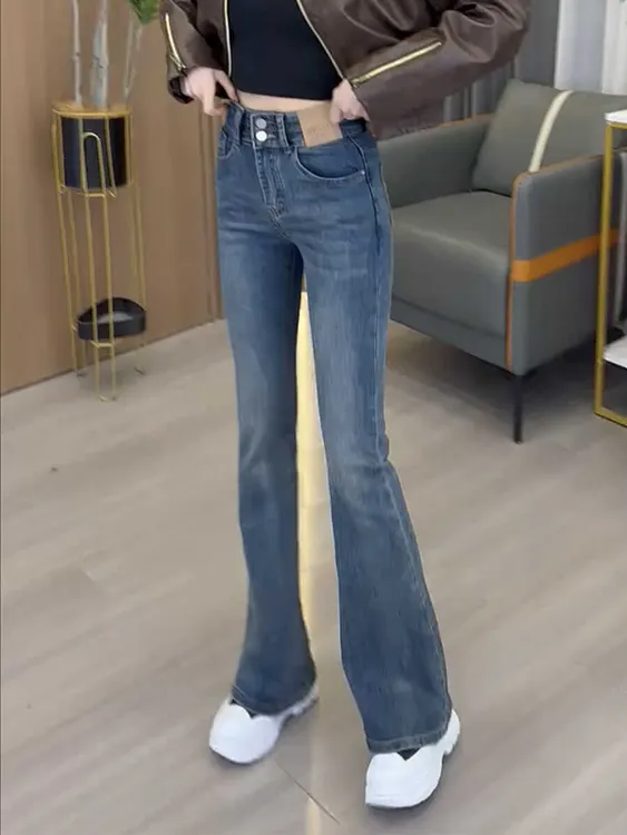 高腰款复古新款显瘦弹力微喇牛仔裤女小个子修身2025风喇叭牛仔裤