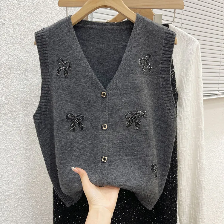 【细闪蝴蝶结】春季新款V领开衫针织马甲女纯色百搭显瘦背心坎肩