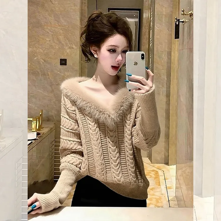 独特漂亮咖色小衫连帽毛衣韩系女装秋冬洋气高贵V领针织衫上衣服