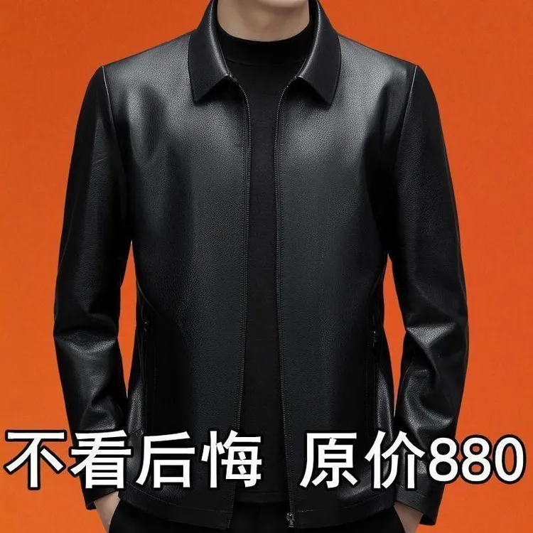 2025春秋新款加绒真好皮皮衣男士绵皮中年翻领高档休闲皮夹克外套
