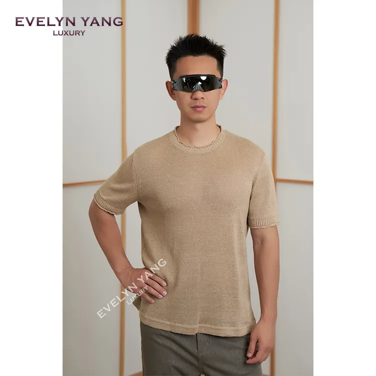 EVELYN YANG夏季男士新款绿野仙踪粗亚麻小卷领短袖T恤