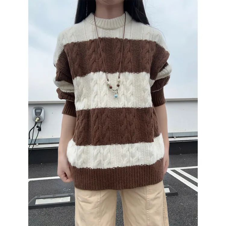 美式休闲撞色条纹毛衣男女秋冬百搭慵懒风打底内搭复古针织衫外套