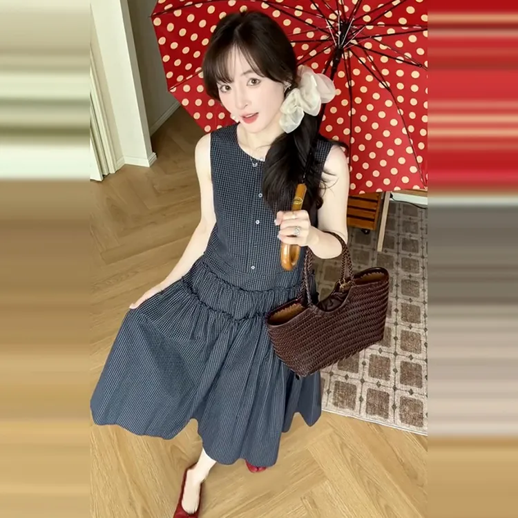 【现货+运贴5米】蓝色背心连衣裙子女夏季2025新款穿搭长裙3676