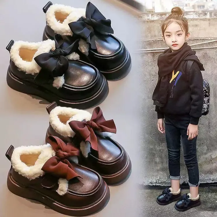 女童冬鞋棉皮鞋2024冬季新款儿童豆豆鞋女孩公主大棉鞋加绒乐福鞋