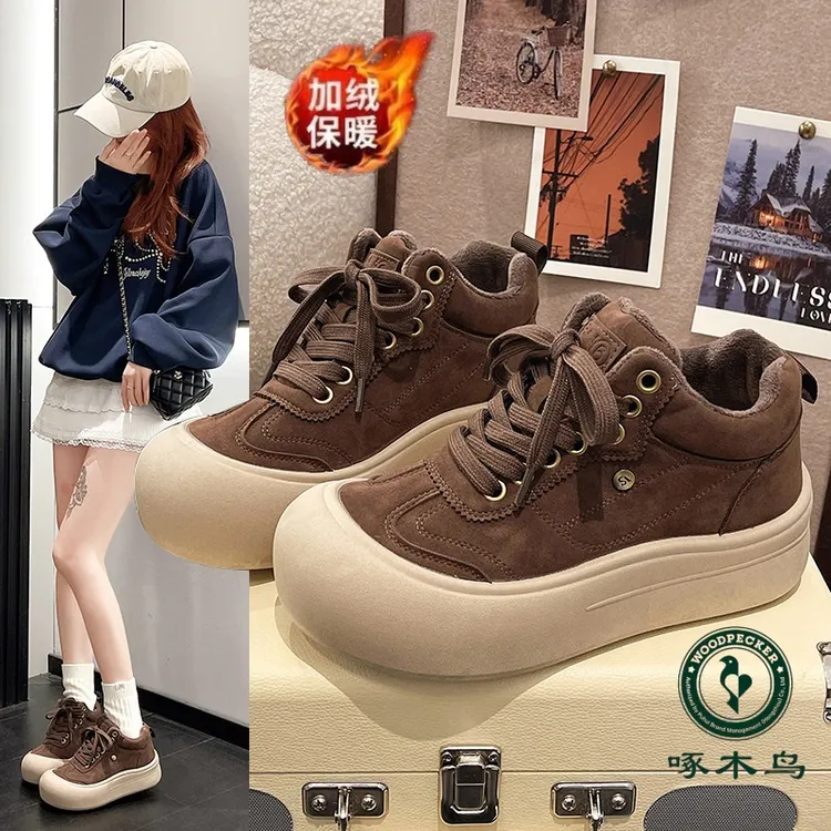 F啄木鸟高帮鞋女冬季款百搭厚底加绒加厚软底雪地靴休闲鞋女27555