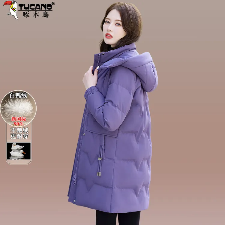啄木鸟白鸭绒羽绒服女冬季2026年新款时尚中长款中年妈妈连帽外套