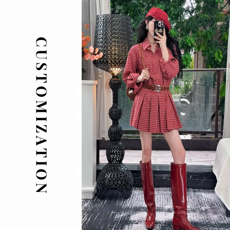 2025秋款连衣裙双色格子收腰下摆多折显瘦连衣裙3336-1