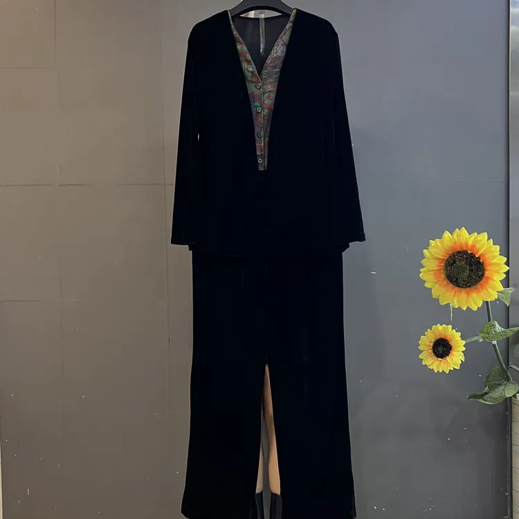 新中式复古印花拼接假两件长袖开衫搭配丝绒裤