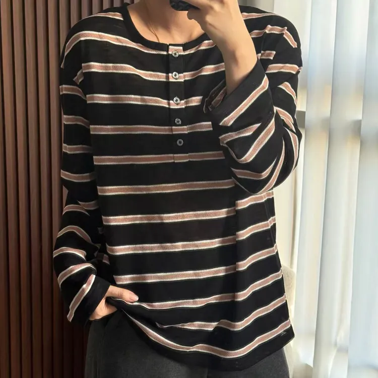 NANA【亨利条纹】秋季宽松亨利领条纹撞色长袖T恤休闲显瘦百搭C0459