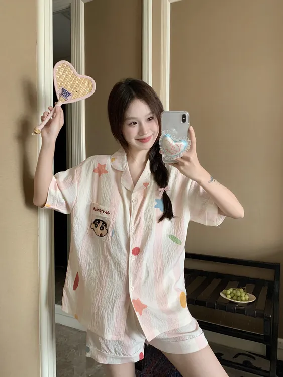 大码睡衣女日系ins蜡笔小新夏季薄款短袖短裤可外穿家居服套装