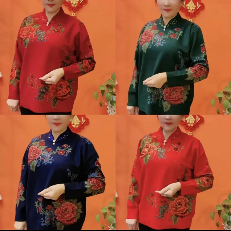 秋冬新款加绒加厚立领印花中老年妈妈装时尚保暖针织毛