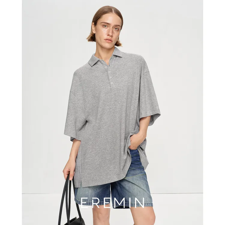 DE Mincollection翻领大T/大廓形落肩骨感舒适五分袖T恤 55518