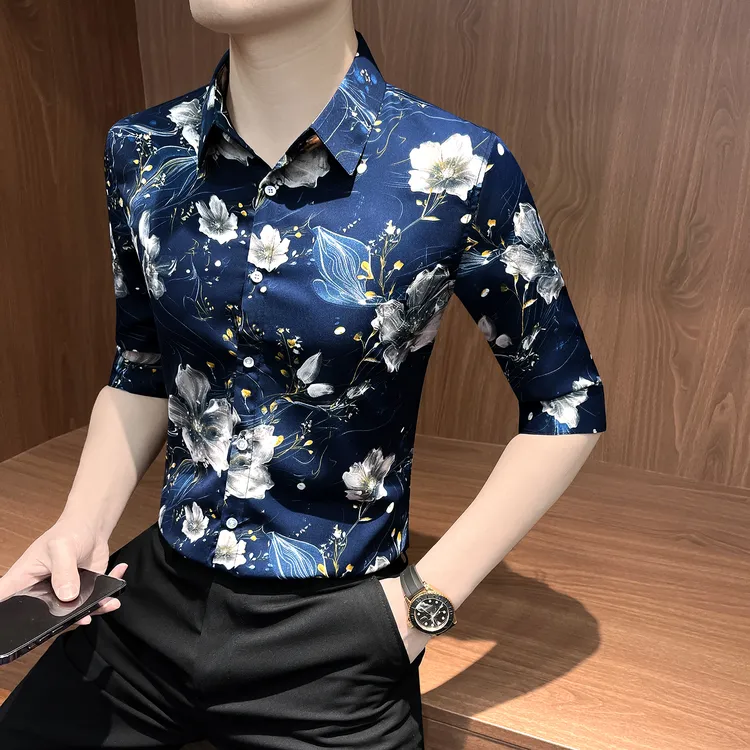 七分袖花衬衫男款爆款2025新款英伦雅痞风格男装休闲印花男士衬衣